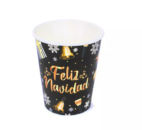 12 Vasos Negros y Dorados de papel de Feliz Navidad de 270 ml