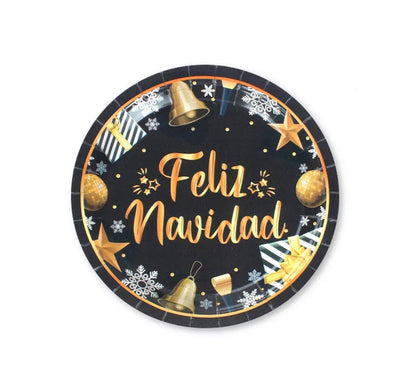6 Platos de papel Negros y Dorados de Feliz Navidad de 18 cm