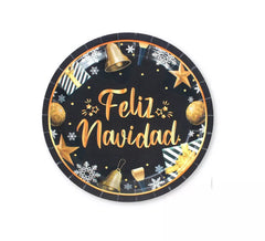 6 schwarz-goldene Pappteller „Frohe Weihnachten“, 23 cm