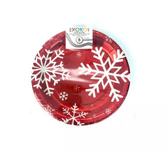 6 rote Pappteller mit Schneeflocken 18 cm