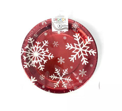6 rote Pappteller mit Schneeflocken 23 cm