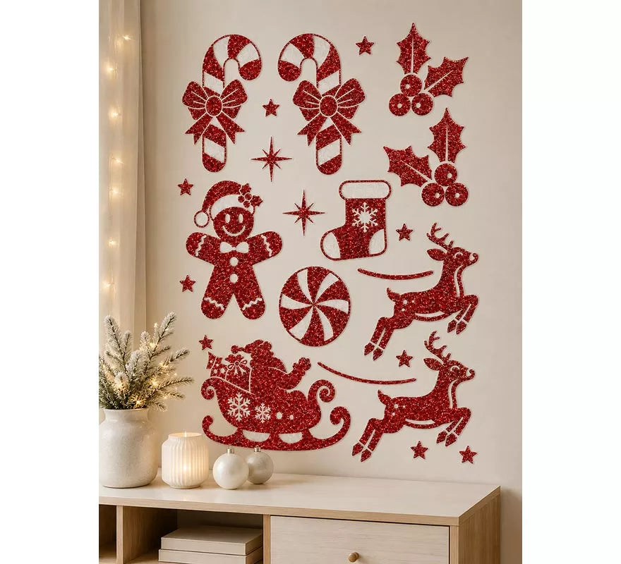 Adhesivo Decorativo Navideño con Purpurina roja de 30x40 cm