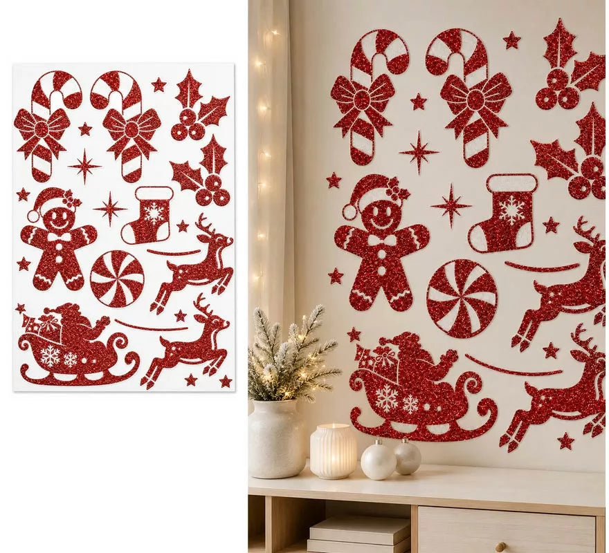 Adhesivo Decorativo Navideño con Purpurina roja de 30x40 cm