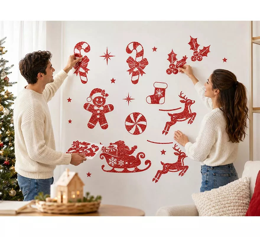 Adhesivo Decorativo Navideño con Purpurina roja de 30x40 cm