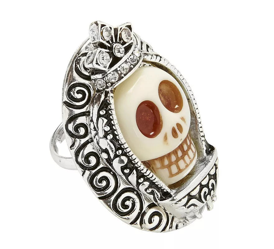 Translation missing: es.Anillo Plateado con Calavera Blanca y Pedrería