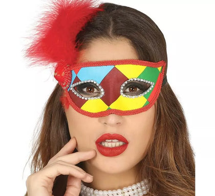 Antifaz Arlequín Multicolor con Pluma