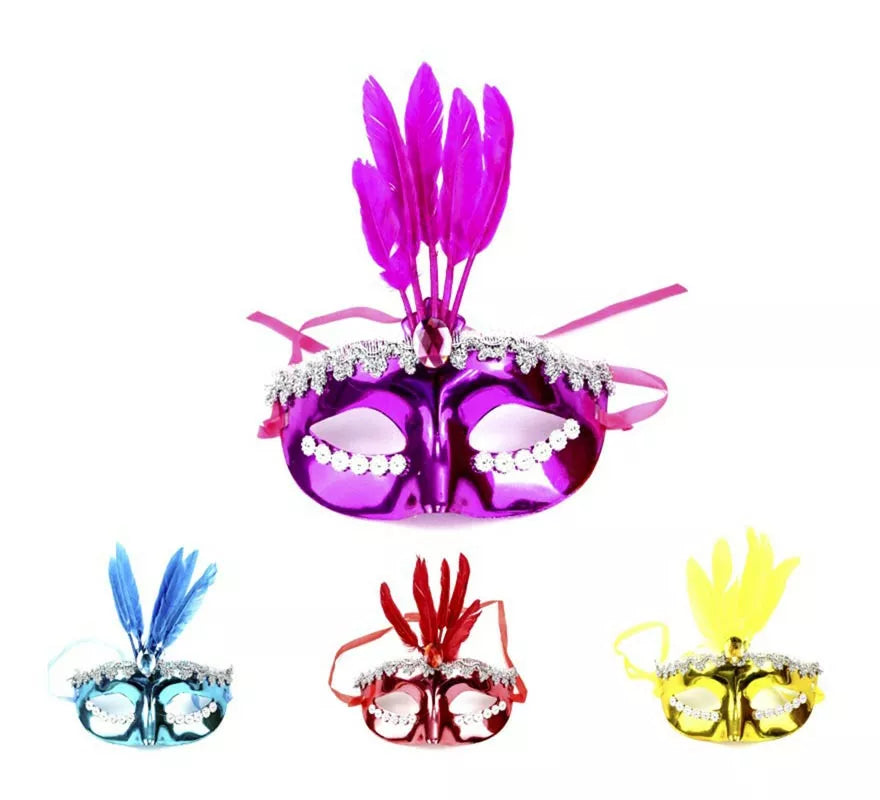 Translation missing: de.Antifaz Carnaval con plumas y detalles plateados colores surtidos
