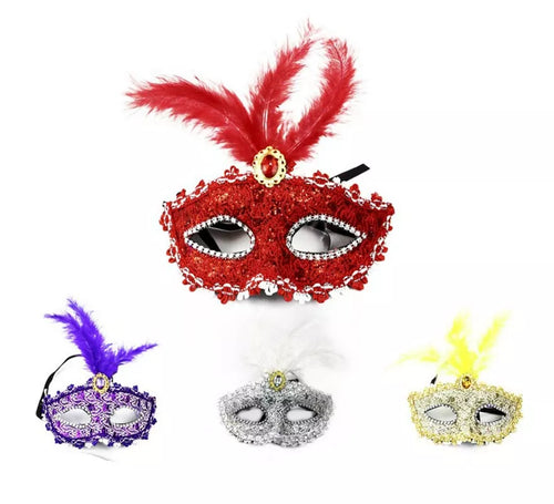 Antifaz Carnaval con plumas y gemas colores surtidos