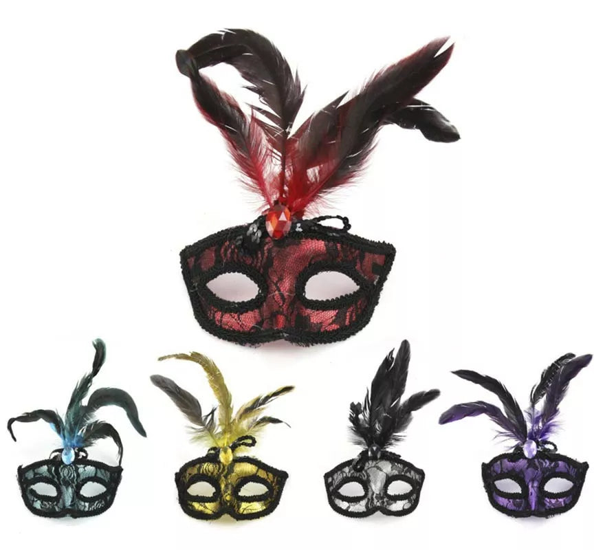 Translation missing: de.Antifaz Carnaval encaje negro con plumas colores surtidos