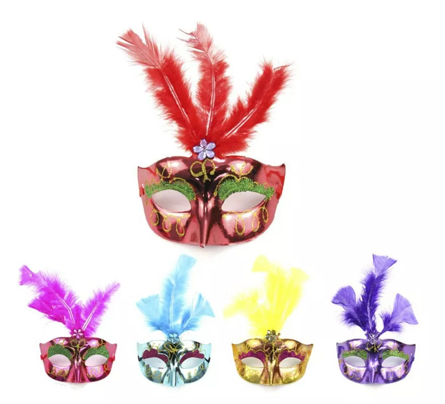 Translation missing: de.Antifaz Carnaval metalizado con plumas colores surtidos