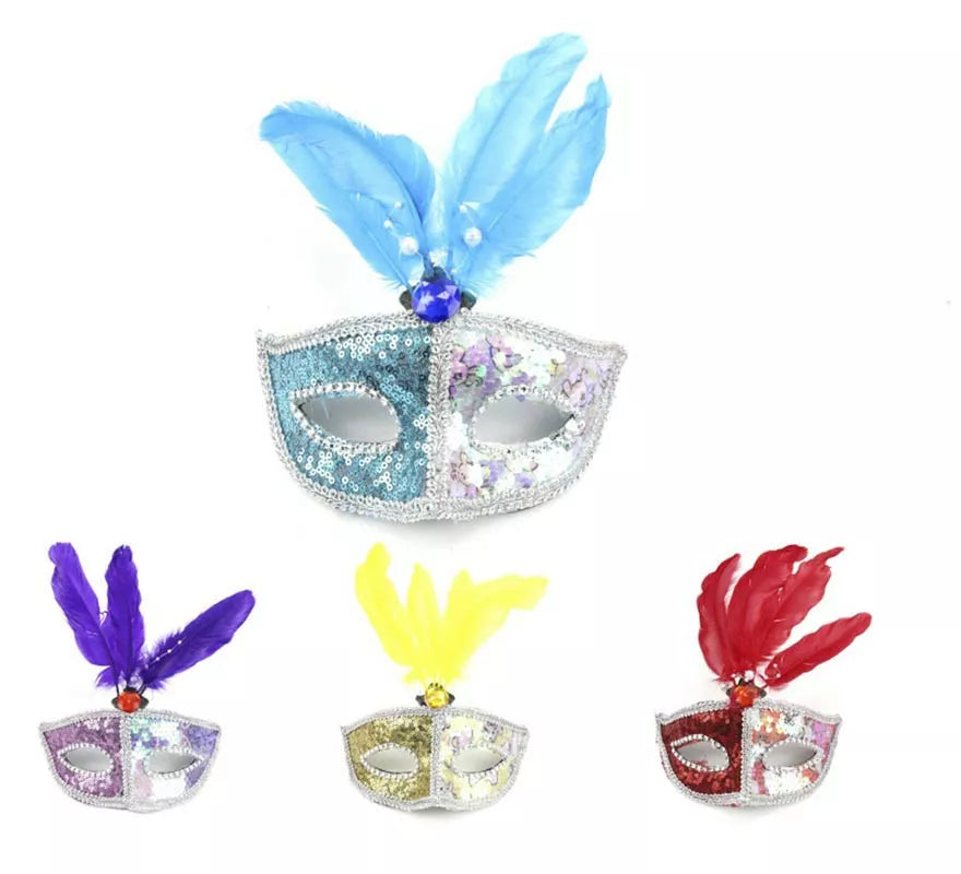 Translation missing: de.Antifaz Carnaval plateado con plumas colores surtidos