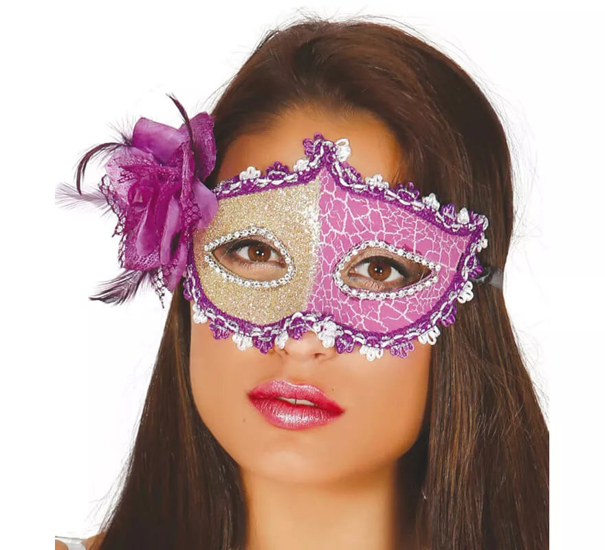 Translation missing: de.Antifaz color morado con flor rosa