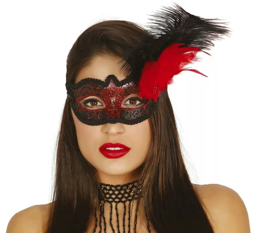 Translation missing: de.Antifaz con pluma rojo