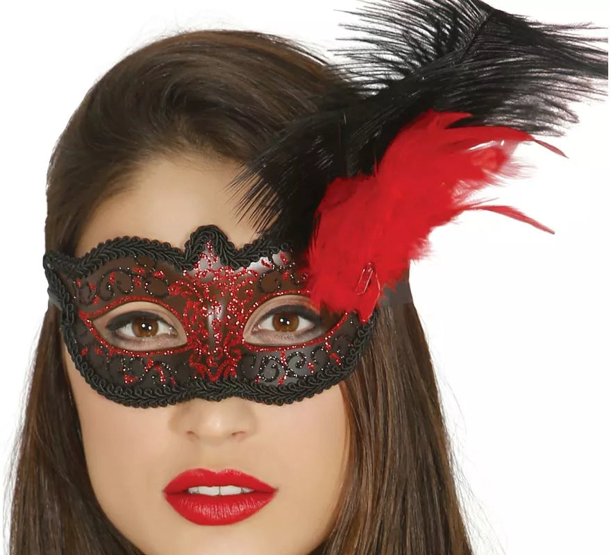Translation missing: de.Antifaz con pluma rojo