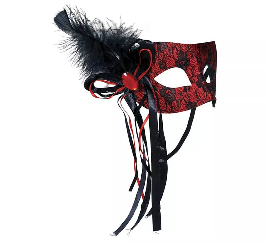 Translation missing: de.Antifaz de Diablesa rojo con pluma