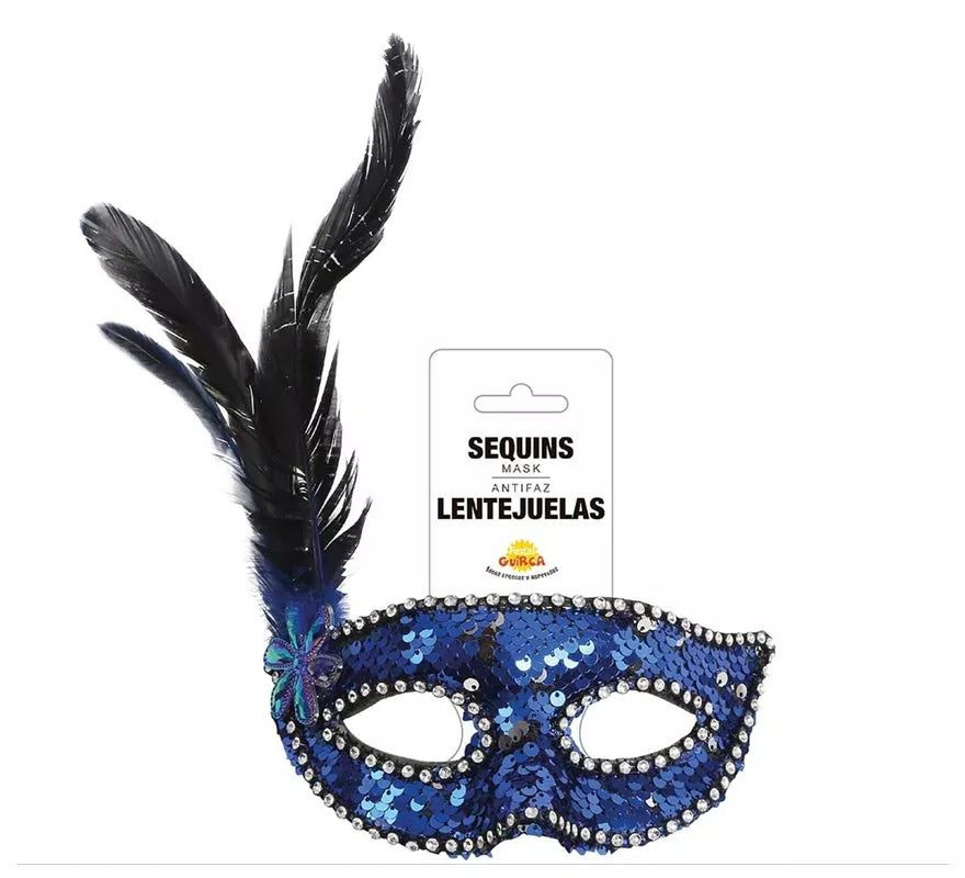 Antifaz de Lentejuelas Azul con Plumas