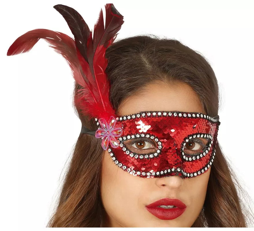 Translation missing: de.Antifaz de Lentejuelas Rojo con Plumas