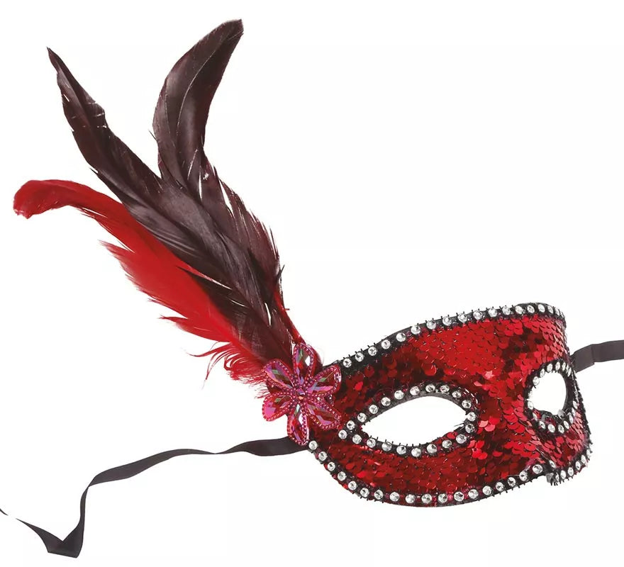 Translation missing: de.Antifaz de Lentejuelas Rojo con Plumas