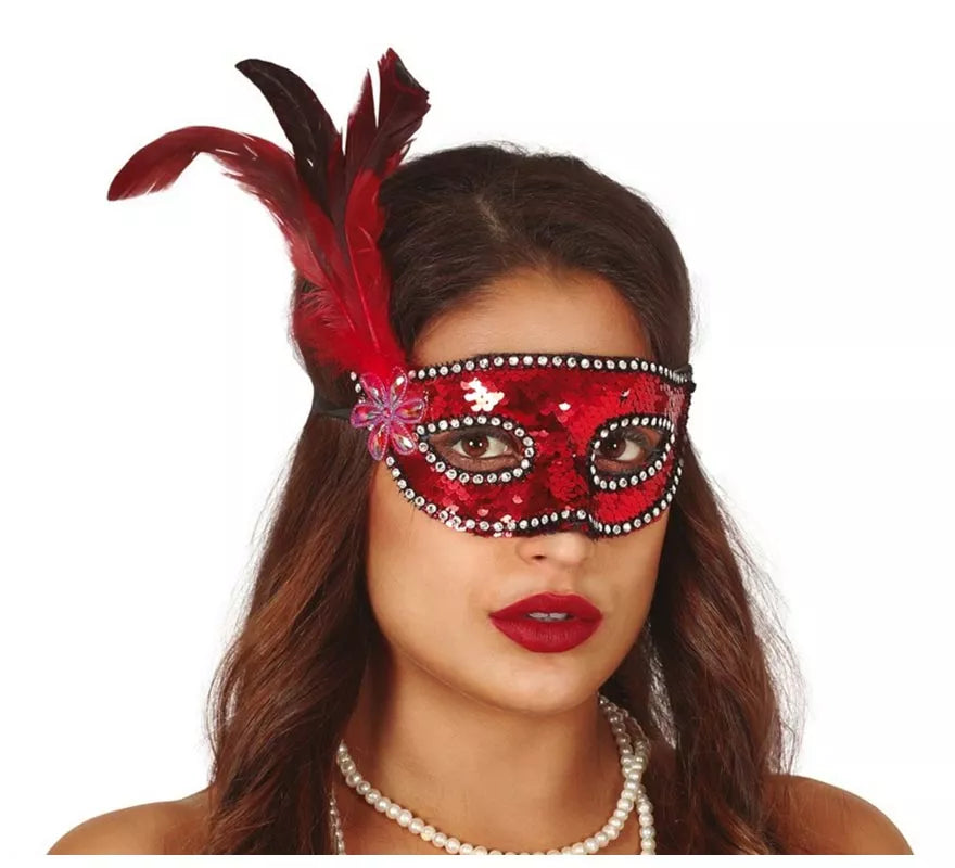 Antifaz de Lentejuelas Rojo con Plumas