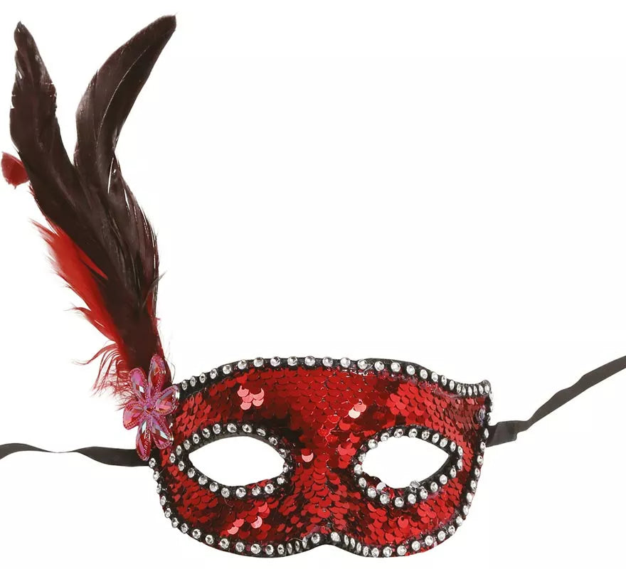 Antifaz de Lentejuelas Rojo con Plumas