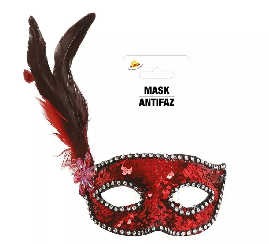 Antifaz de Lentejuelas Rojo con Plumas
