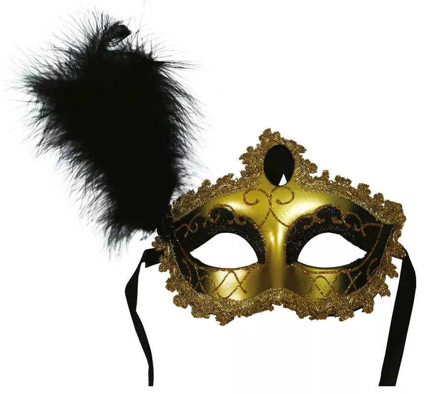 Translation missing: de.Antifaz dorado y negro con Pluma adulto