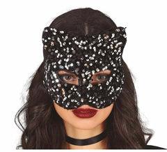 Große Katzenmaske mit silbernen Pailletten