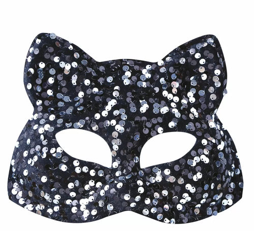 Antifaz Grande de Gato con Lentejuelas Plata