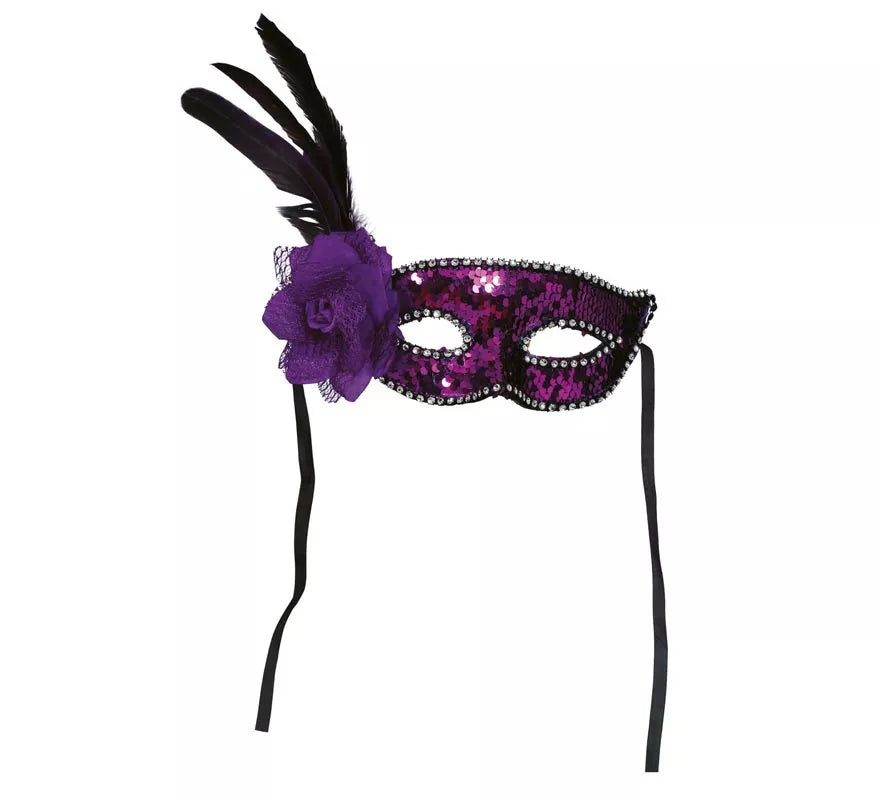 Antifaz Lentejuelas Lila con Pluma adulto