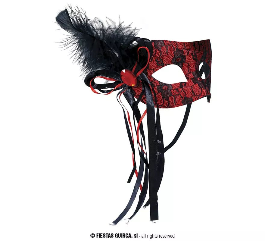 Translation missing: de.Antifaz de Diablesa rojo con pluma