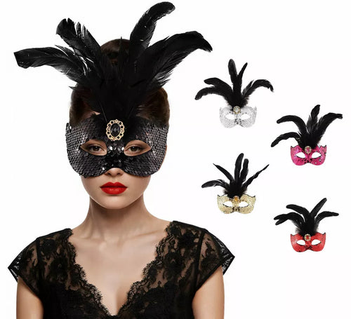 Antifaz Veneciano con Plumas y Lentejuelas en colores surtidos