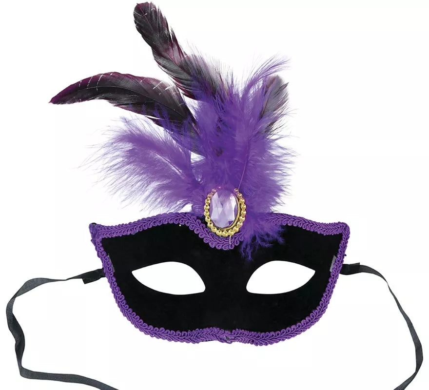 Translation missing: de.Antifaz Veneciano negro con Plumas lilas