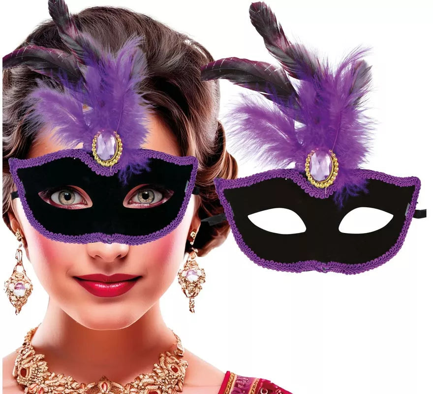 Translation missing: de.Antifaz Veneciano negro con Plumas lilas