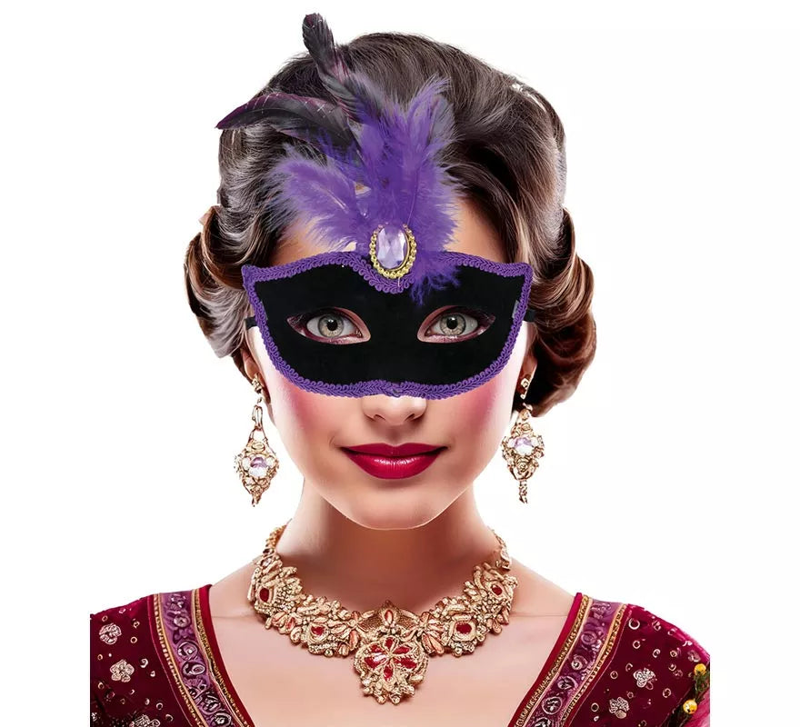 Translation missing: de.Antifaz Veneciano negro con Plumas lilas