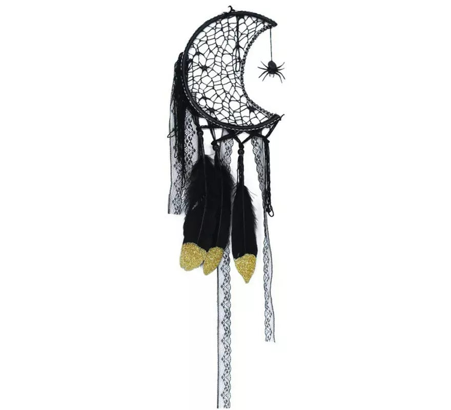 Translation missing: de.Atrapasueños luna y plumas negro de 65 cm