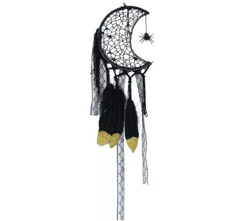 Atrapasueños luna y plumas negro de 65 cm