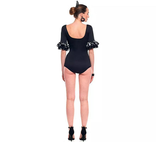 Body o maillot Sevillana con Volante Lunar negro y blanco para mujer