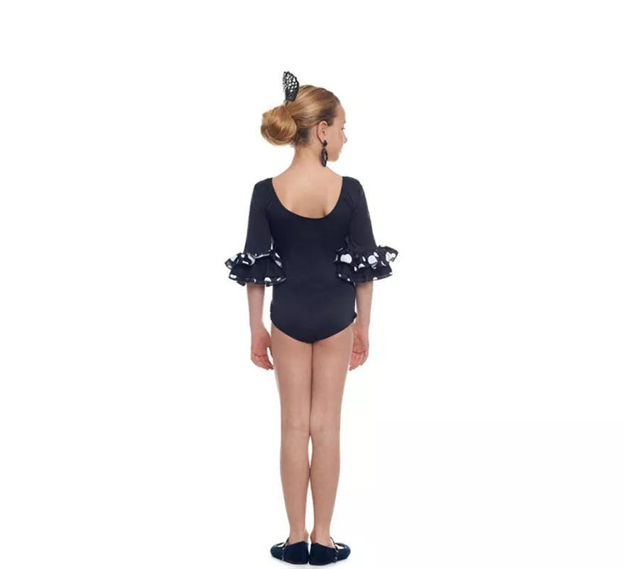 Body o maillot Sevillana con Volante Lunar negro y blanco para niña