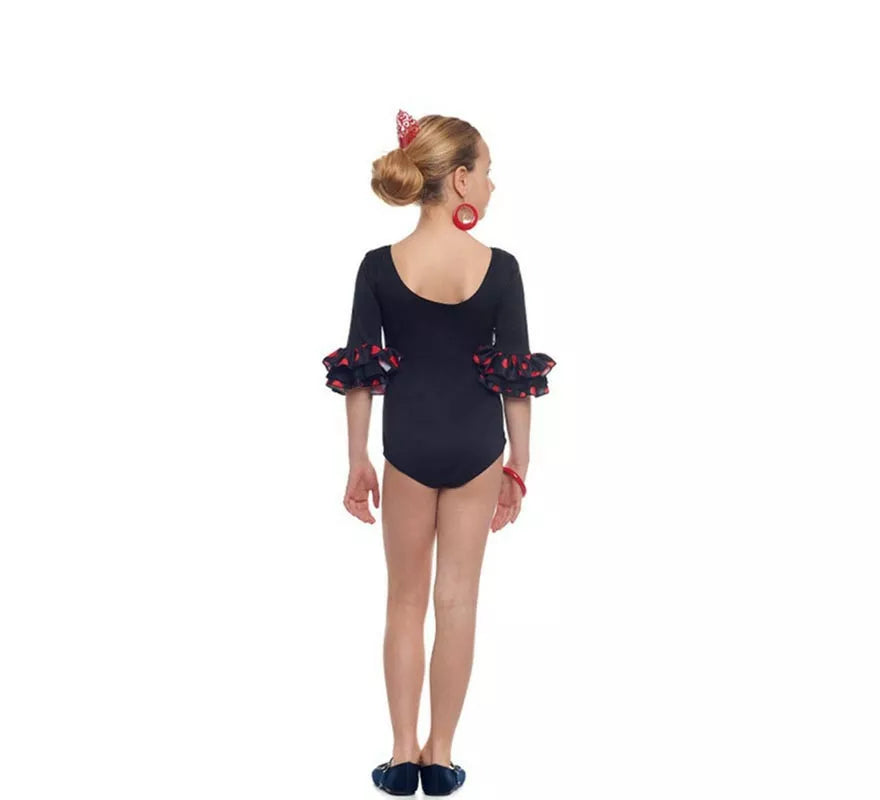 Translation missing: de.Body o maillot Sevillana con Volante Lunar negro y rojo para niña