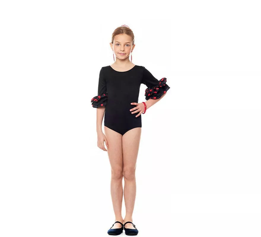 Translation missing: de.Body o maillot Sevillana con Volante Lunar negro y rojo para niña