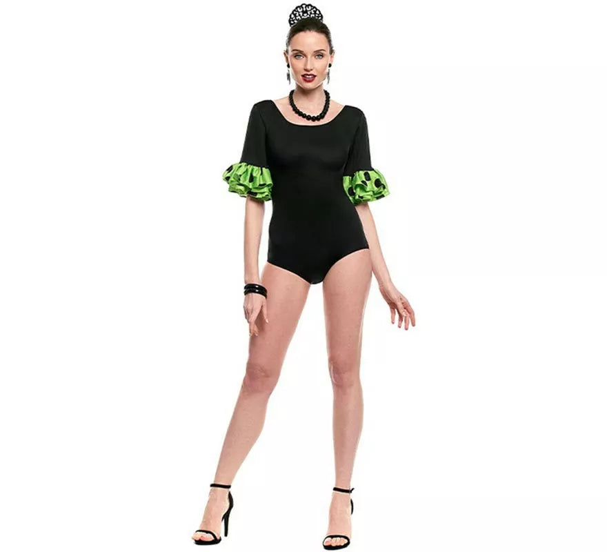 Translation missing: de.Body o maillot Sevillana con Volante Lunar negro y verde para mujer