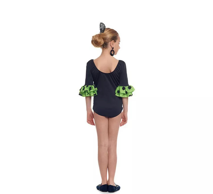 Translation missing: de.Body o maillot Sevillana con Volante Lunar negro y verde para niña