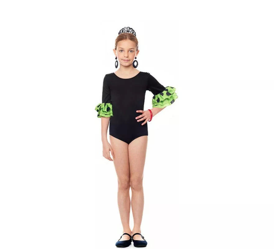 Translation missing: de.Body o maillot Sevillana con Volante Lunar negro y verde para niña