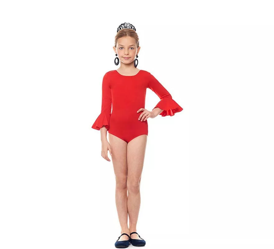 Translation missing: de.Body o maillot Sevillana Licra con Volante rojo para niña