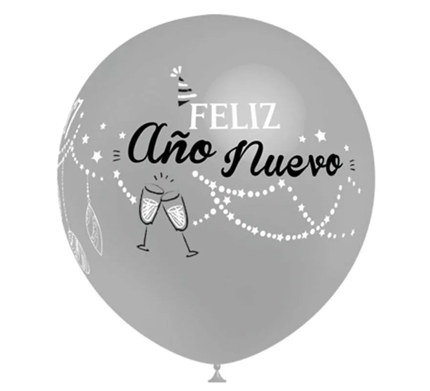 Translation missing: de.Bolsa 8 Globos plata Feliz Año Nuevo de 90 cm