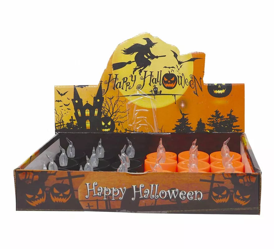 Caja de 12 Velas Naranja y Negra con Luz de 4.5X4.5 cm
