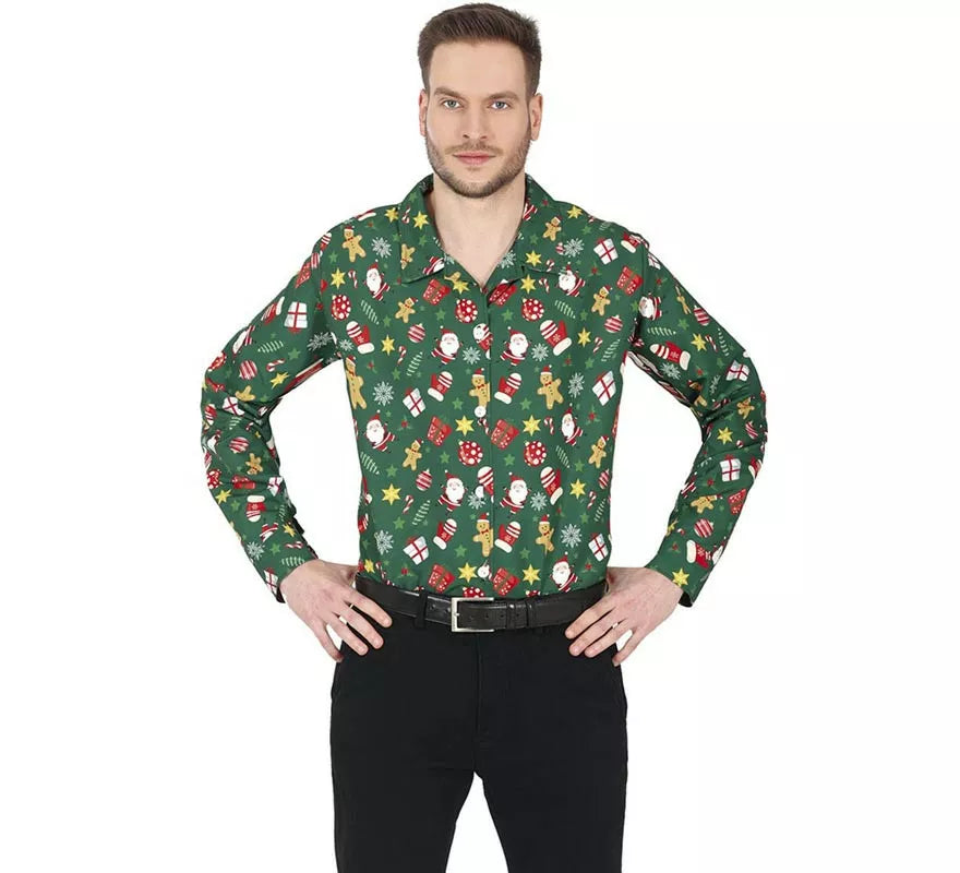 Camisa de Navideña verde estampado para hombre