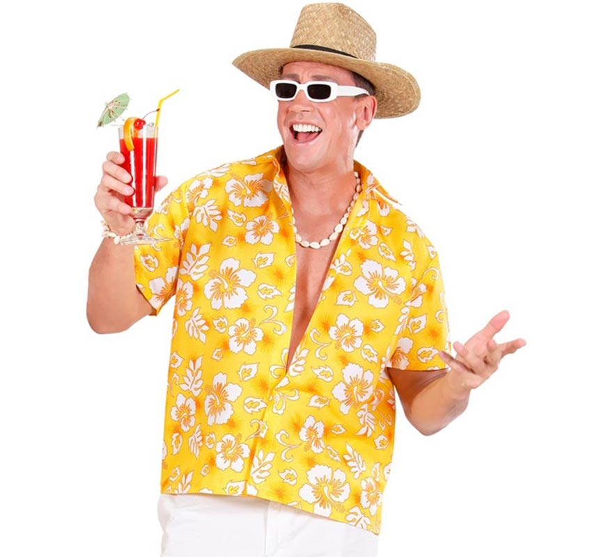 Translation missing: de.Camisa manga corta Hawaiana con Flores amarilla para hombre