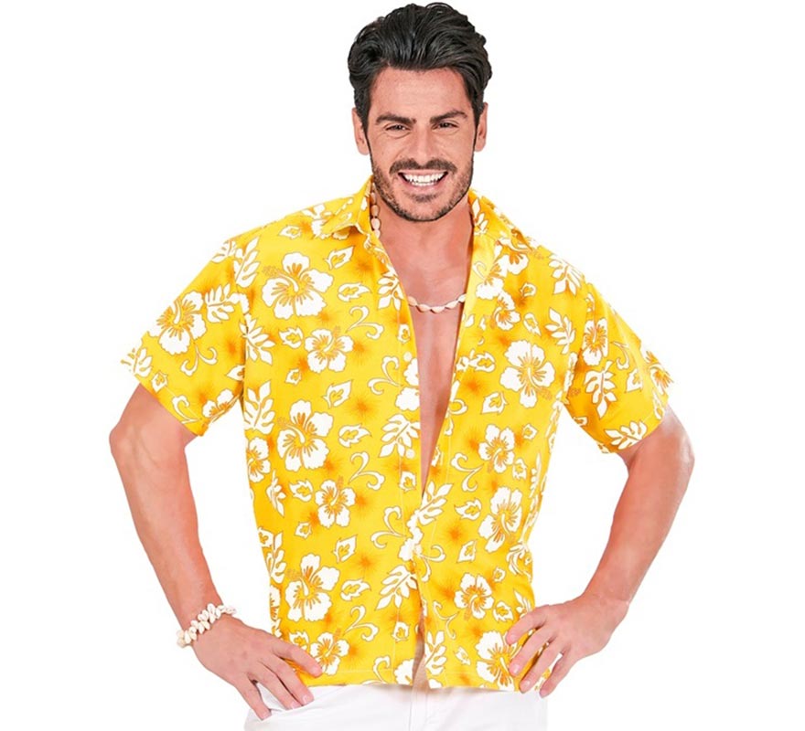 Camisa manga corta Hawaiana con Flores amarilla para hombre
