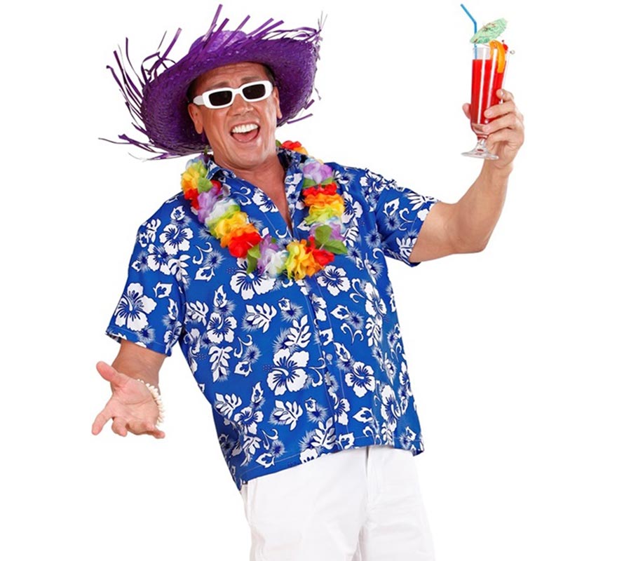 Translation missing: de.Camisa manga corta Hawaiana con Flores azul para hombre